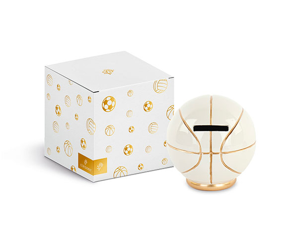 SALVADANAIO PALLONE BASKET BIANCO-ORO C/SCATOLA ø 80XH.85 MM