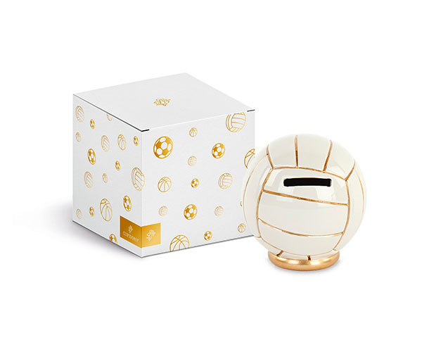 SALVADANAIO PALLONE VOLLEY BIANCO-ORO C/SCATOLA ø 80XH.85 MM