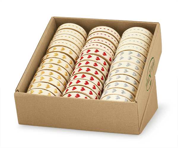 NASTRI ASSORTITI m 5  ESP. 36 NASTRI CUORI IMPUNTURA ROSSO-ORO-ARGENTO