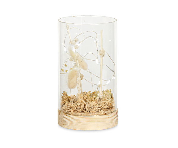 VASO VETRO CON LED E FIORI D.90XH.160 MM
