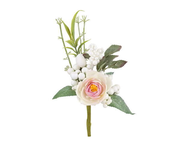 RANUNCOLO ROSA CON BACCHE E ERBE